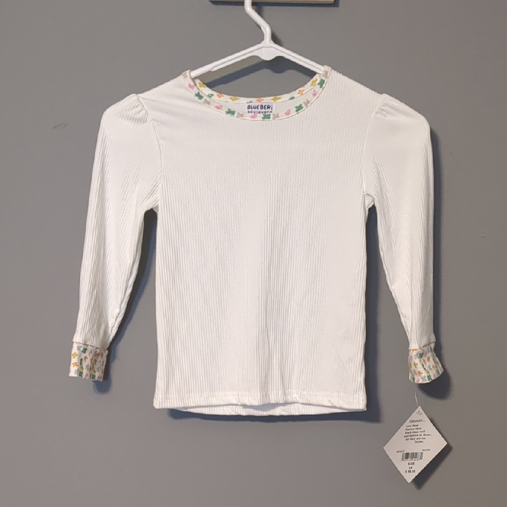 NWT Blueberi Boulevard White Long Sleeve Tee with Floral Trim